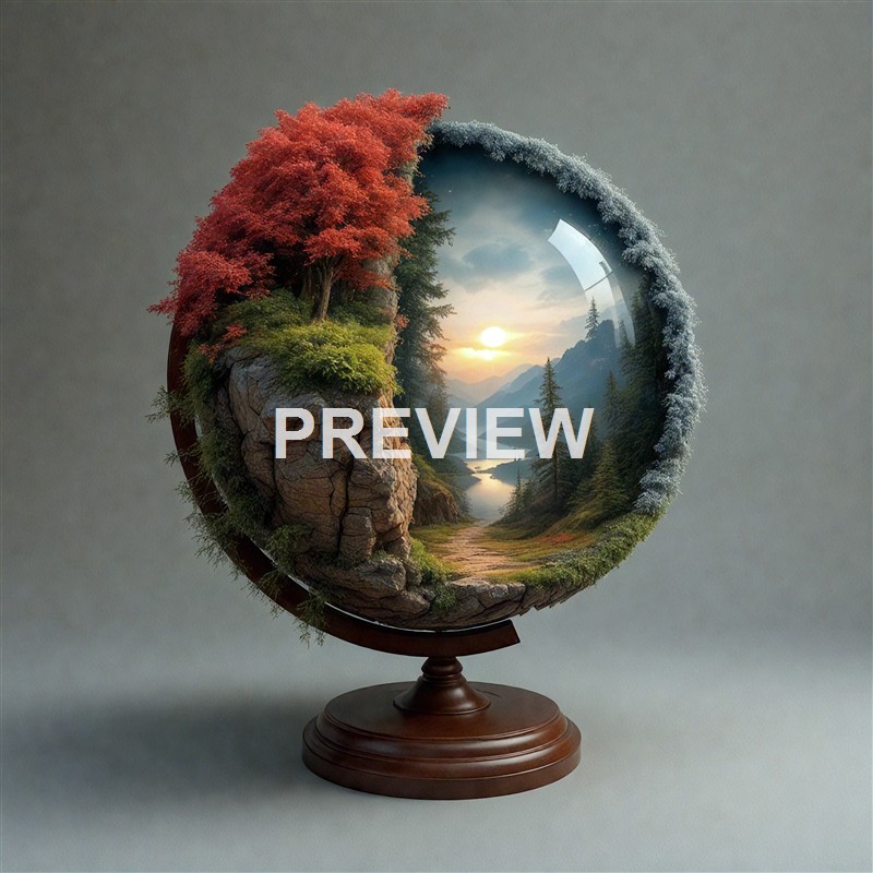 The image shows a globe with a landscape scene inside, featuring a rocky cliff with a red-leaved tree, a forested valley with a river, mountains, and a sunset or sunrise sky, all encased by a decorative border resembling snow or frost.